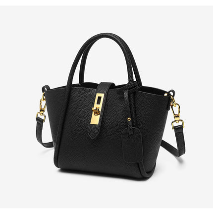 Black Genuine Leather Women's Handbag - Stylish Bucket Bag with Top Handle and Crossbody Strap