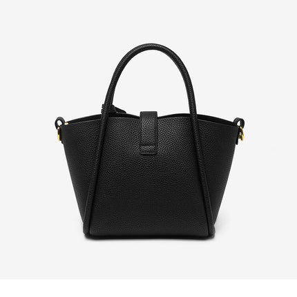Black Genuine Leather Women's Handbag - Stylish Bucket Bag with Top Handle and Crossbody Strap