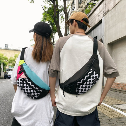 Multi-Coloured Patchwork Black and White Check Trendy Checkered Crossbody Bag - Color-Block Chest Bag for Men and Women, Lightweight Nylon Waist Bag