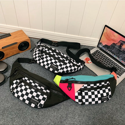 Multi-Coloured Patchwork Black and White Check Trendy Checkered Crossbody Bag - Color-Block Chest Bag for Men and Women, Lightweight Nylon Waist Bag