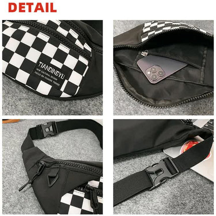 Multi-Coloured Patchwork Black and White Check Trendy Checkered Crossbody Bag - Color-Block Chest Bag for Men and Women, Lightweight Nylon Waist Bag