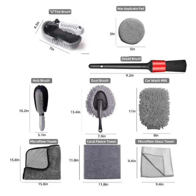 Type a 9-Piece Car Wash Tool Kit - Tire & Wheel Brushes, Wash Mitt
