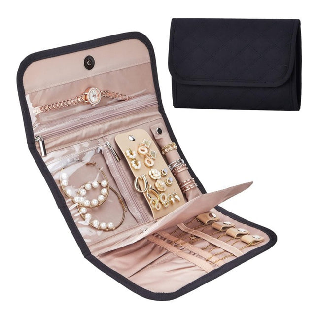 Black Portable Travel Jewelry Organizer Roll