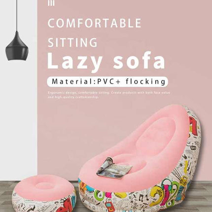 Yellow Graffiti Portable Inflatable Sofa Chair with Ottoman - Waterproof Flocked Lazy Sofa for Camping and Home Use