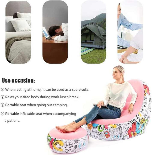 Blue and Black Patchwork Portable Inflatable Sofa Chair with Ottoman