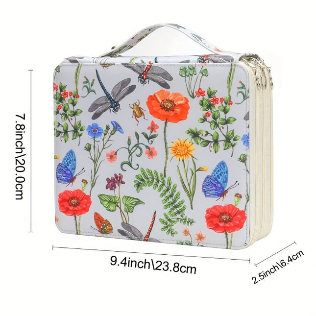 Black Background + Flowers Pattern 124-Slot Large Capacity Zippered Pencil Case - Triple-Layer Oxford Fabric Organizer for Colored Pencils, Art Supplies Storage Bag (Pencils Not Included)
