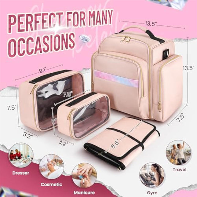 Pink 4-In-1 Travel Cosmetic Organizer Bag with Detachable Polyester