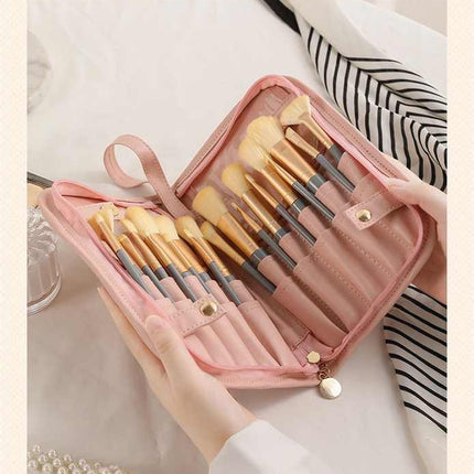 Black Portable Shell Makeup Brush Storage Bag - Multi-Functional PU Cosmetic Organizer with Button Closure, Convertible to Stand Design(Make-up brushes are filming props, not included)