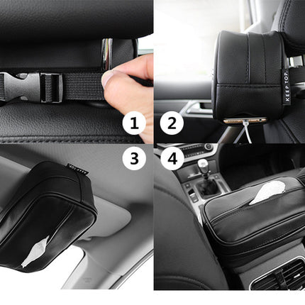 Black Multifunctional PU Leather Car Tissue Box Holder – Compact, Stylish, and Easy to Install with Headrest and Sun Visor Mounting Options
