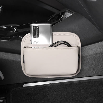 Beige PU Leather Car Storage Organizer with Dual Charging Holes and Inner Mesh Pocket, Multi-functional Door Handle Hanging Bag for Phones and Accessories, Lightweight and Durable