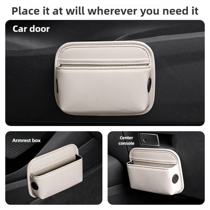 Beige PU Leather Car Storage Organizer with Dual Charging Holes and Inner Mesh Pocket, Multi-functional Door Handle Hanging Bag for Phones and Accessories, Lightweight and Durable