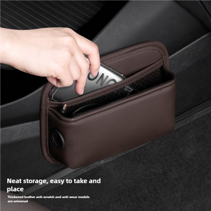 Beige PU Leather Car Storage Organizer with Dual Charging Holes and Inner Mesh Pocket, Multi-functional Door Handle Hanging Bag for Phones and Accessories, Lightweight and Durable