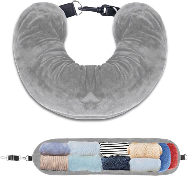 Grey Suede Portable Refillable Travel Neck Pillow with Storage Bag -Lightweight and Compact for