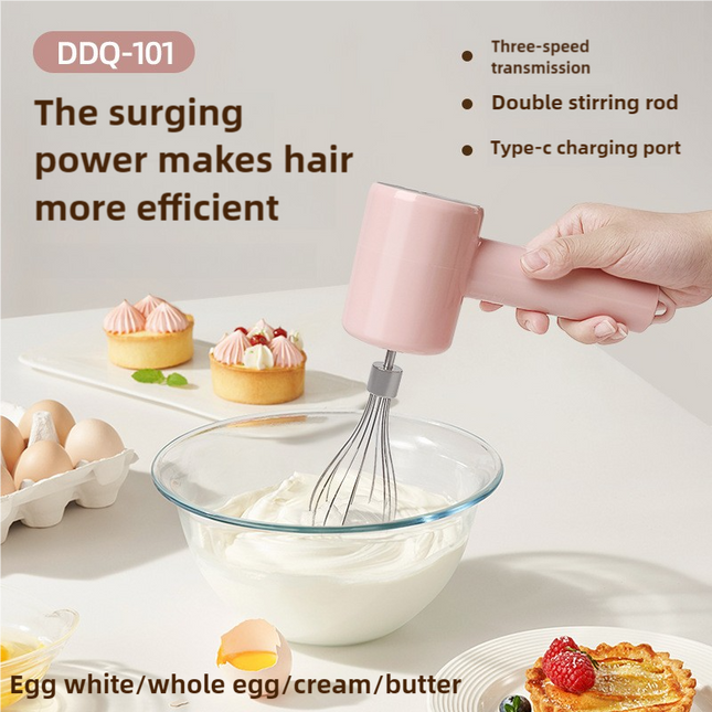 Pink Portable Electric Egg Beater with 3-Speed Adjustment Dual Whisks and Type-C Charging