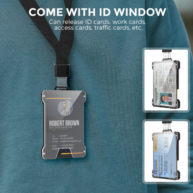 1 Pcs Black Premium RFID Blocking Aluminum Alloy ID Badge Holder with Transparent Card Slot & Money Clip – product detail