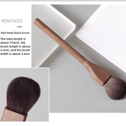 Flat Head Blush Brush Walnut Wood Makeup Brush Set - Powder, Blush, and Contour Brushes with Soft Fiber Bristles