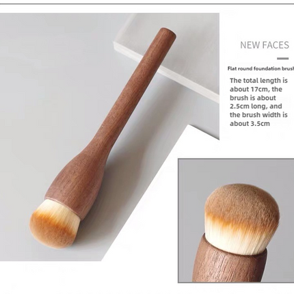 Flat Round Foundation Brush Walnut Wood Makeup Brush Set - Powder, Blush, and Contour Brushes with Soft Fiber Bristles