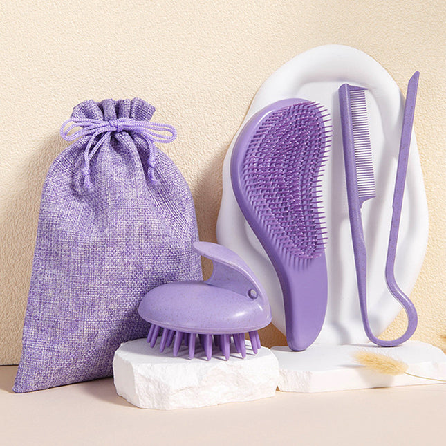 2 Pcs Purple Eco-Friendly Wheat Straw Hair Care Set - Massage Brush