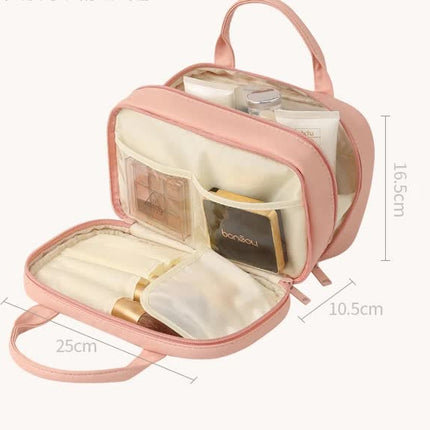 Pink Premium PU Leather Portable Makeup Bag - Large Capacity Waterproof Travel Cosmetic Organizer(Cosmetics are shooting props, not included)