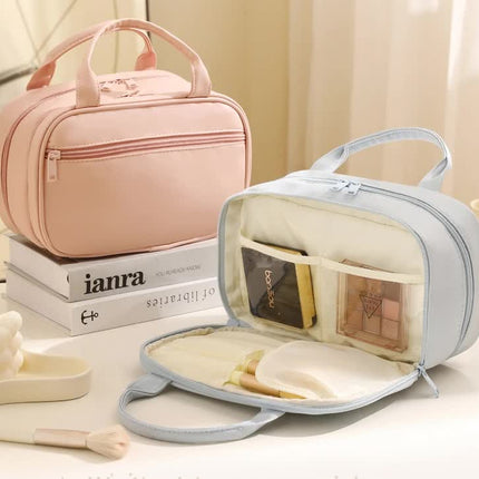 Pink Premium PU Leather Portable Makeup Bag - Large Capacity Waterproof Travel Cosmetic Organizer(Cosmetics are shooting props, not included)