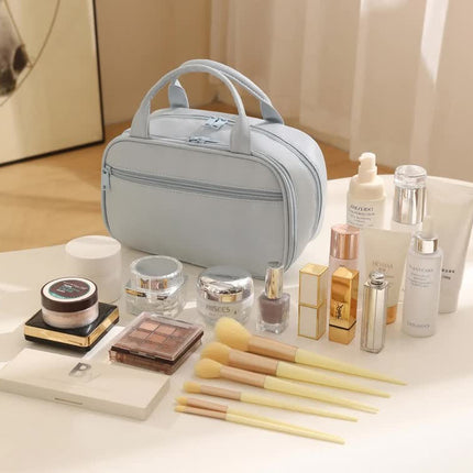 Beige Premium PU Leather Portable Makeup Bag - Large Capacity Waterproof Travel Cosmetic Organizer(Cosmetics are shooting props, not included)