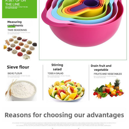 Light Pink 8-Piece Baking Tool Set - Measuring Cups, Spoons, Rainbow Mixing Bowls, Vegetable Washing Basket, and Flour Sifter