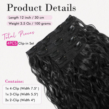 Black and Brown 12-Inch Clip-in Wavy Hair Extensions - 4-Piece Set,  Easy to Apply, Instant Volume Boost