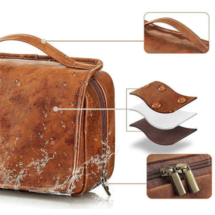 Reddish Brown Luxury PU Business Travel Toiletry Bag – Large Capacity Waterproof Makeup Organizer with Dividers – Portable & Stylish Bathroom Storage