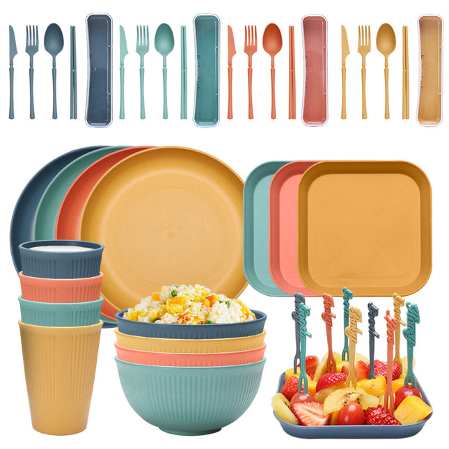 Four-person Set Multicolor Eco-Friendly Wheat Straw Dinnerware Set Plate Bowl Cup & Utensil