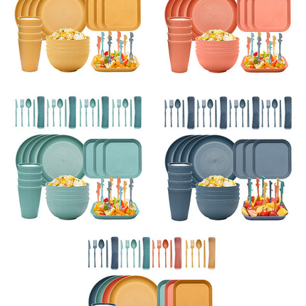 Four-person Set Green Eco-Friendly Wheat Straw Dinnerware Set,  Plate, Bowl, Cup & Utensil Set - Lightweight, Reusable, and Durable for Home, School, and Travel