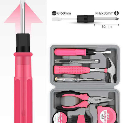 13-Piece Pink Household Tool Set, Complete Home Repair Kit with Tape Measure, Screwdrivers, Hammer, and Pliers
