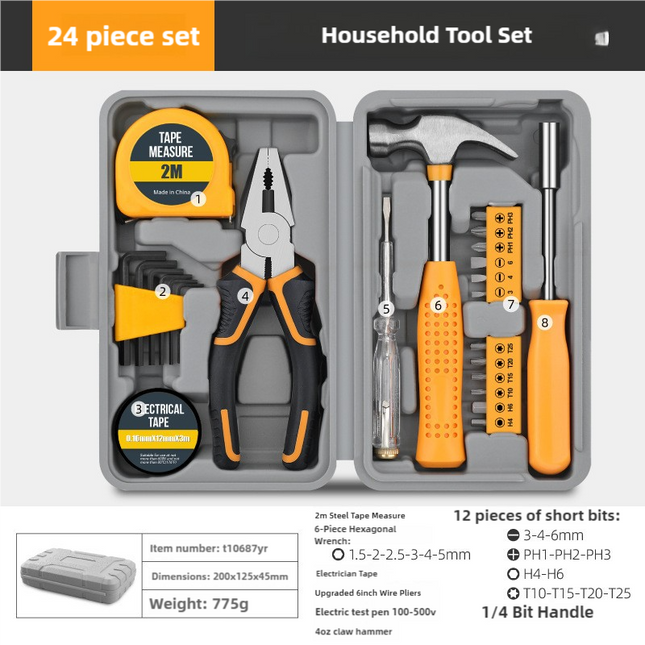 Yellow 24-Piece Household Tool Set Complete Home Repair Kit with Tape Measure Pliers Screwdrivers Hammer
