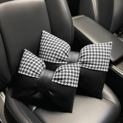 1 Pair (Headrest + Pillow) Black Cute Bowtie Car Headrest Pillow and Waist Cushion Set, Stylish Houndstooth Design, Soft Neck and Back Support for Car Interior