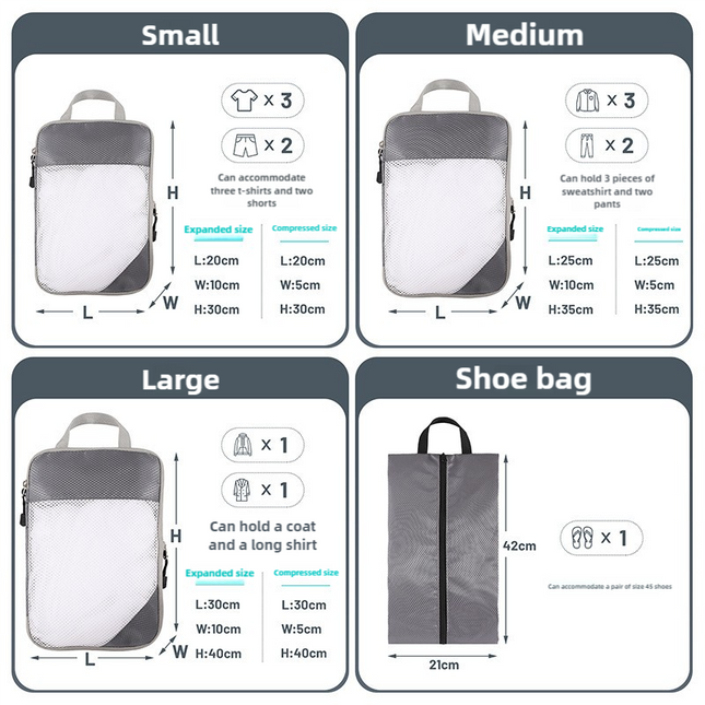 4-piece Set Grey Compression Travel Storage Bags Set Mesh Travel Organizers for Luggage Foldable and – product detail