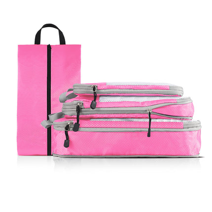 4-piece Set Pink Compression Travel Storage Bags Set, Mesh Travel Organizers for Luggage, Foldable and Space-Saving Packing Cubes
