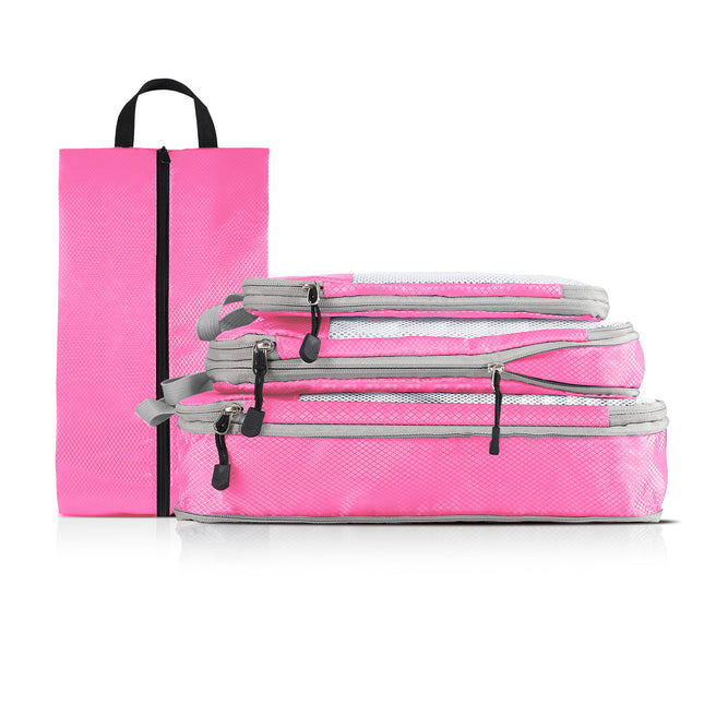 4-piece Set Pink Compression Travel Storage Bags Set Mesh Travel Organizers for Luggage Foldable and