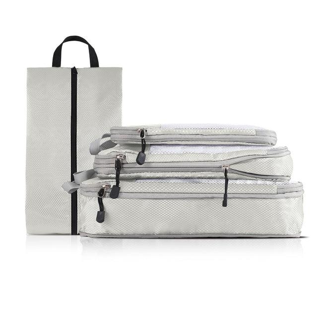 4-piece Set Beige Compression Travel Storage Bags Set Mesh Travel Organizers for Luggage Foldable and