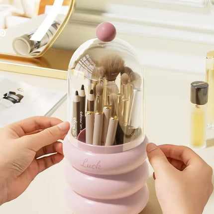 Yellow 360° Rotating Makeup Brush Holder with Clear Dome – Stylish Organizer for Vanity, Desk, and Bathroom