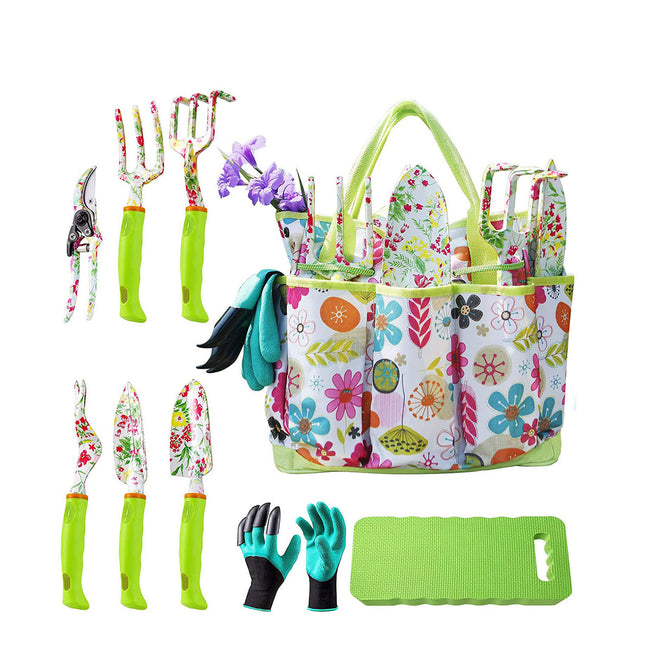 Green 9-Piece Floral Garden Tool Set for Women Complete Gardening Kit with Tote Bag Pruners and Gloves