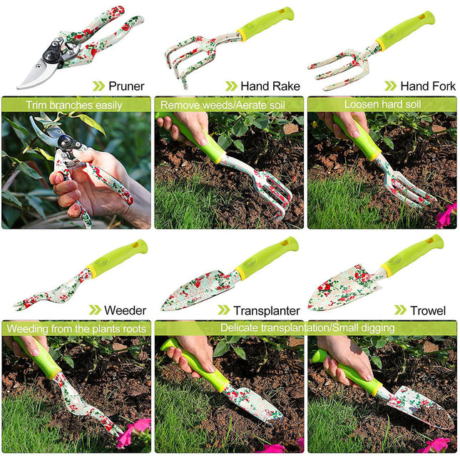 Green 9-Piece Floral Garden Tool Set for Women Complete Gardening Kit with Tote Bag Pruners and Gloves – product detail
