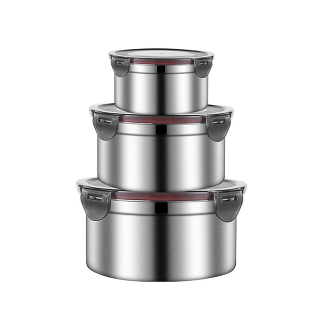 Brown 3-Piece 304 Stainless Steel Food Storage Set with Leak-Proof Lids Round Design for Fridge and Meal