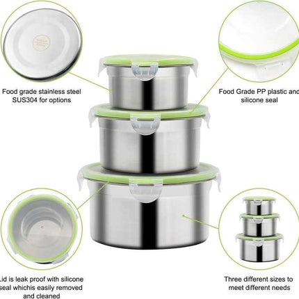 Brown 3-Piece 304 Stainless Steel Food Storage Set with Leak-Proof Lids Round Design for Fridge and Meal – design and finish