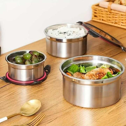 Brown 3-Piece 304 Stainless Steel Food Storage Set with Leak-Proof Lids Round Design for Fridge and Meal – shape and profile