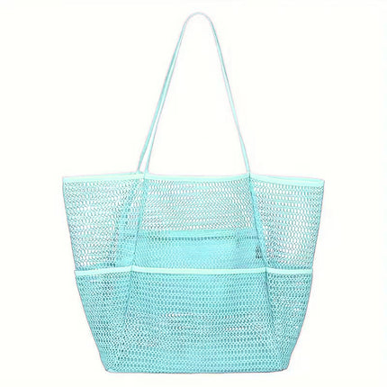 Blue Breathable Mesh Beach Tote Bag - Large Capacity Sand-Free Bag with Zipper Pocket & Multi-Purpose Storage