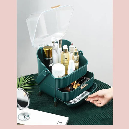 Dark Green Multifunctional Makeup Organizer with Large Capacity and Transparent Design(Makeup is a prop for shooting and is not included)
