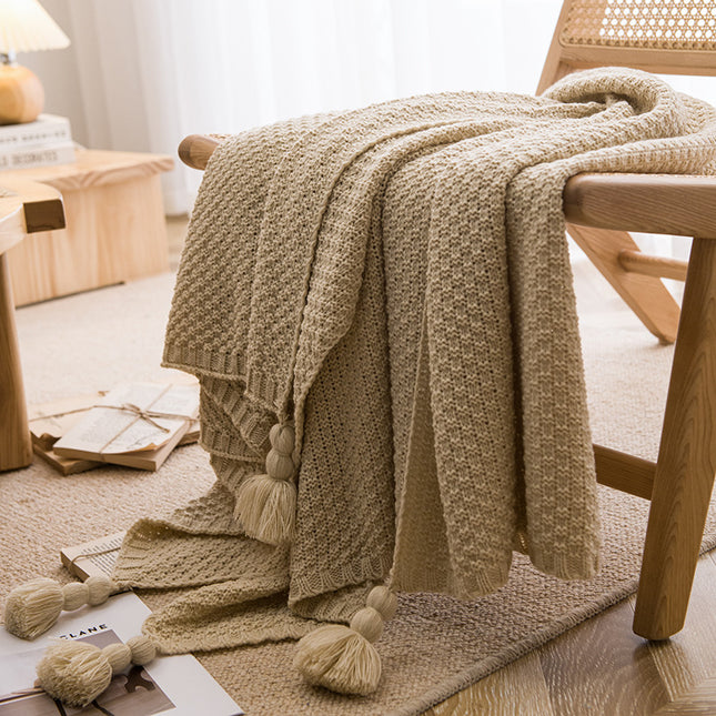 Beige 110cm x 150cm Soft Tassel Throw Blanket for Sofa or Bed Cozy Casual Blanket for Office Nap Minimalist