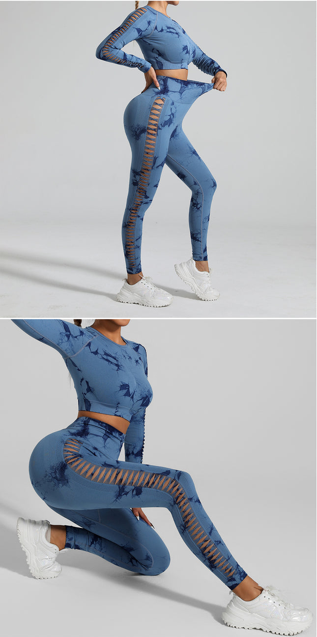 Dark Blue Size L Tie-Dye Yoga Set Long Sleeve Butt Lift Leggings