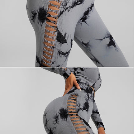 Light Gray Size M Tie-Dye Yoga Set Long Sleeve Butt Lift Leggings Seamless Workout Training Gym Clothes