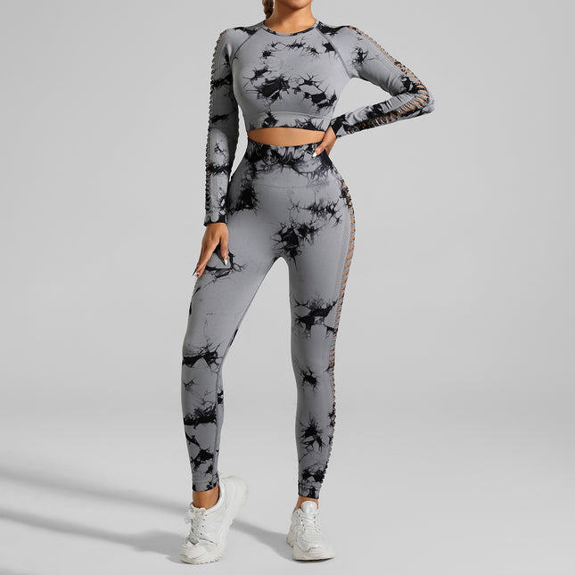 Light Gray Size L Tie-Dye Yoga Set Long Sleeve Butt Lift Leggings