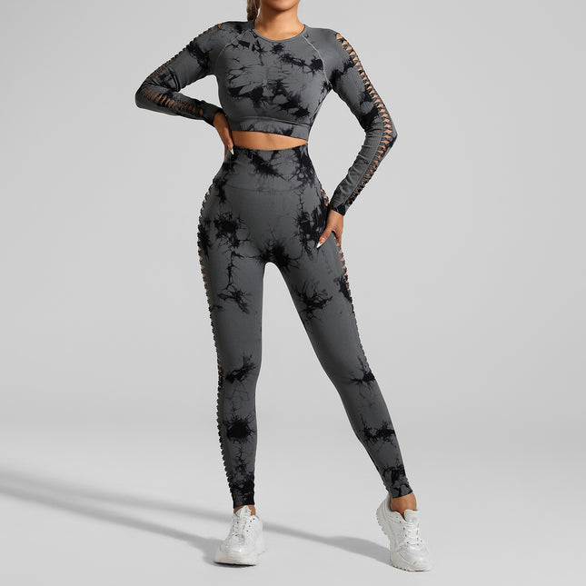 Dark Gray Size S Tie-Dye Yoga Set Long Sleeve Butt Lift Leggings